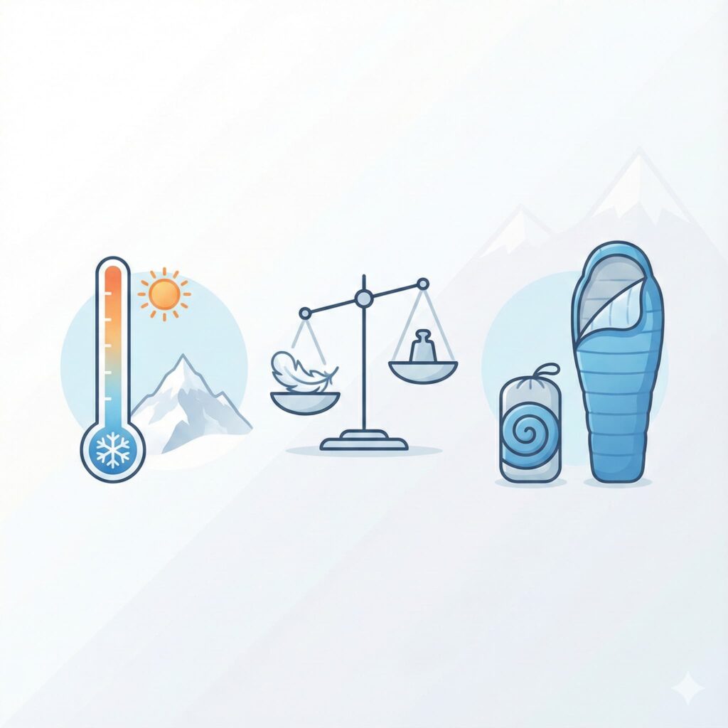 【イスカ寝袋の全体像】種類別の違いと最強&おすすめモデルを徹底解説 11 失敗しない選び方:最低使用温度/重量/収納サイズ